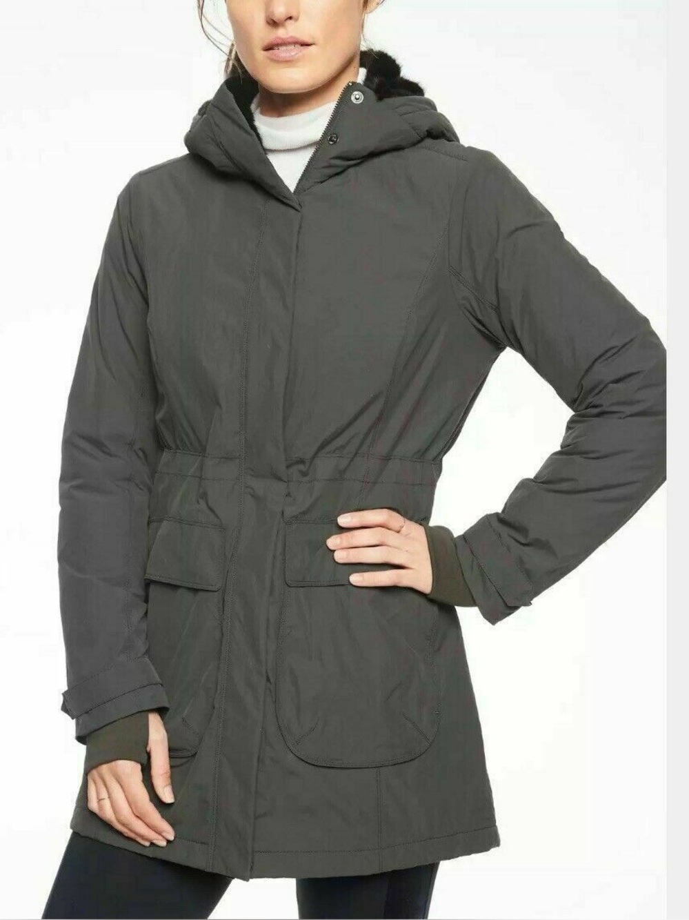 ATHLETA District Parka Coat w Fur Hood S SMALL Arbor Olive WARM Winter